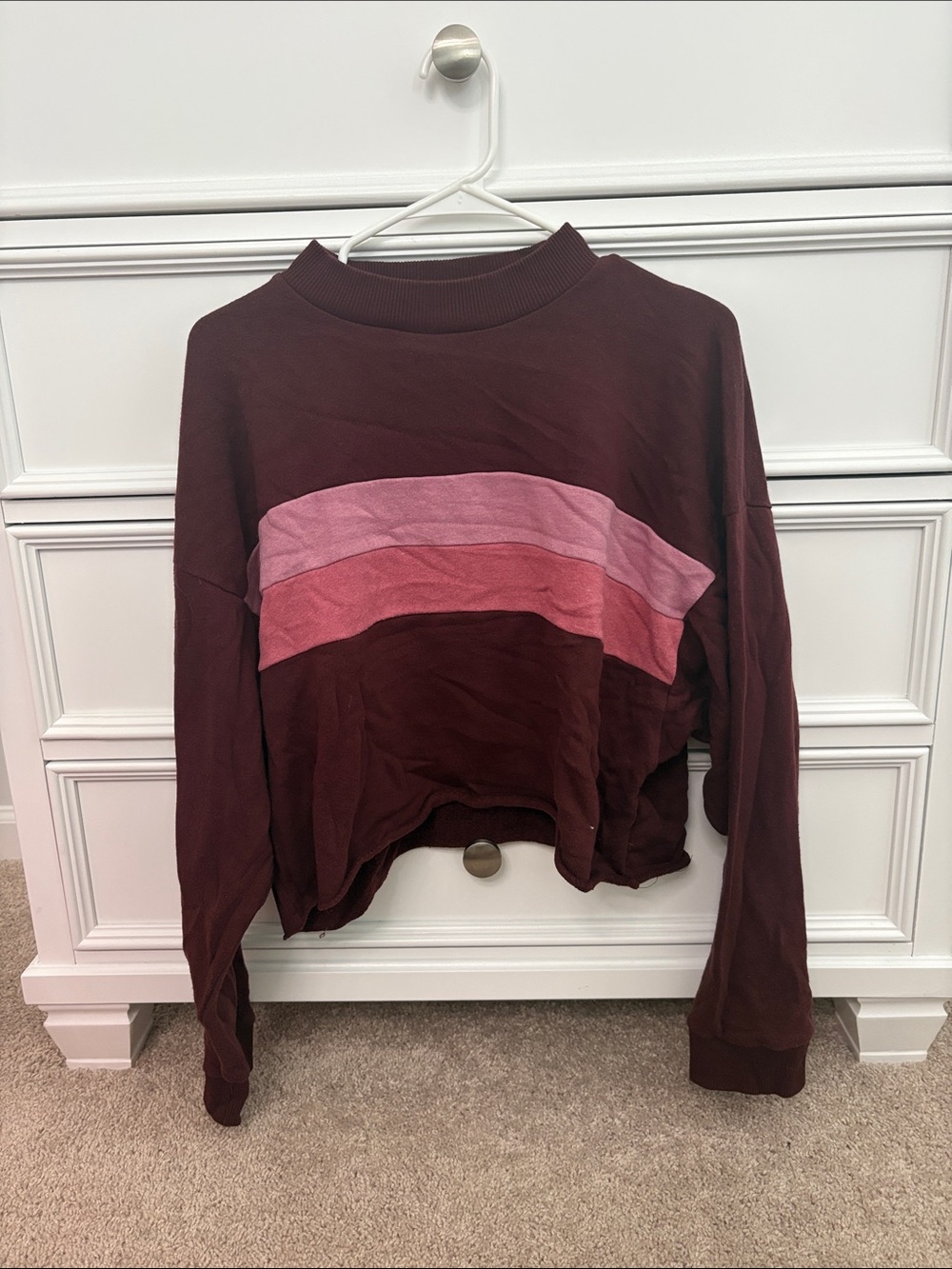 American Eagle Outfitters Maroon Cropped Crewneck with Pink Stripes